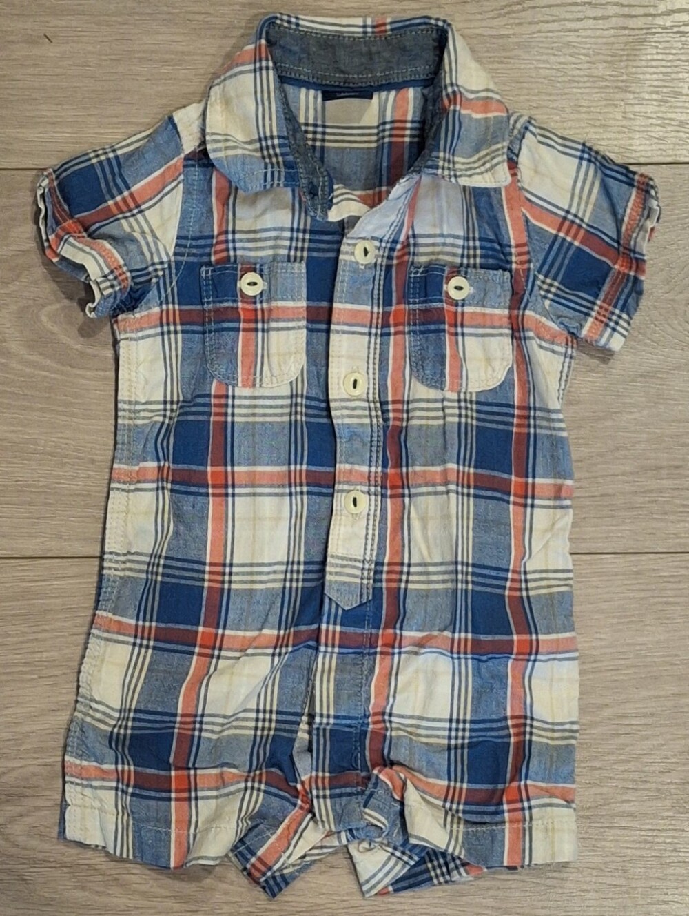 3/$30 GAP Blue Cream & Red Plaid Button Romper 3-6M